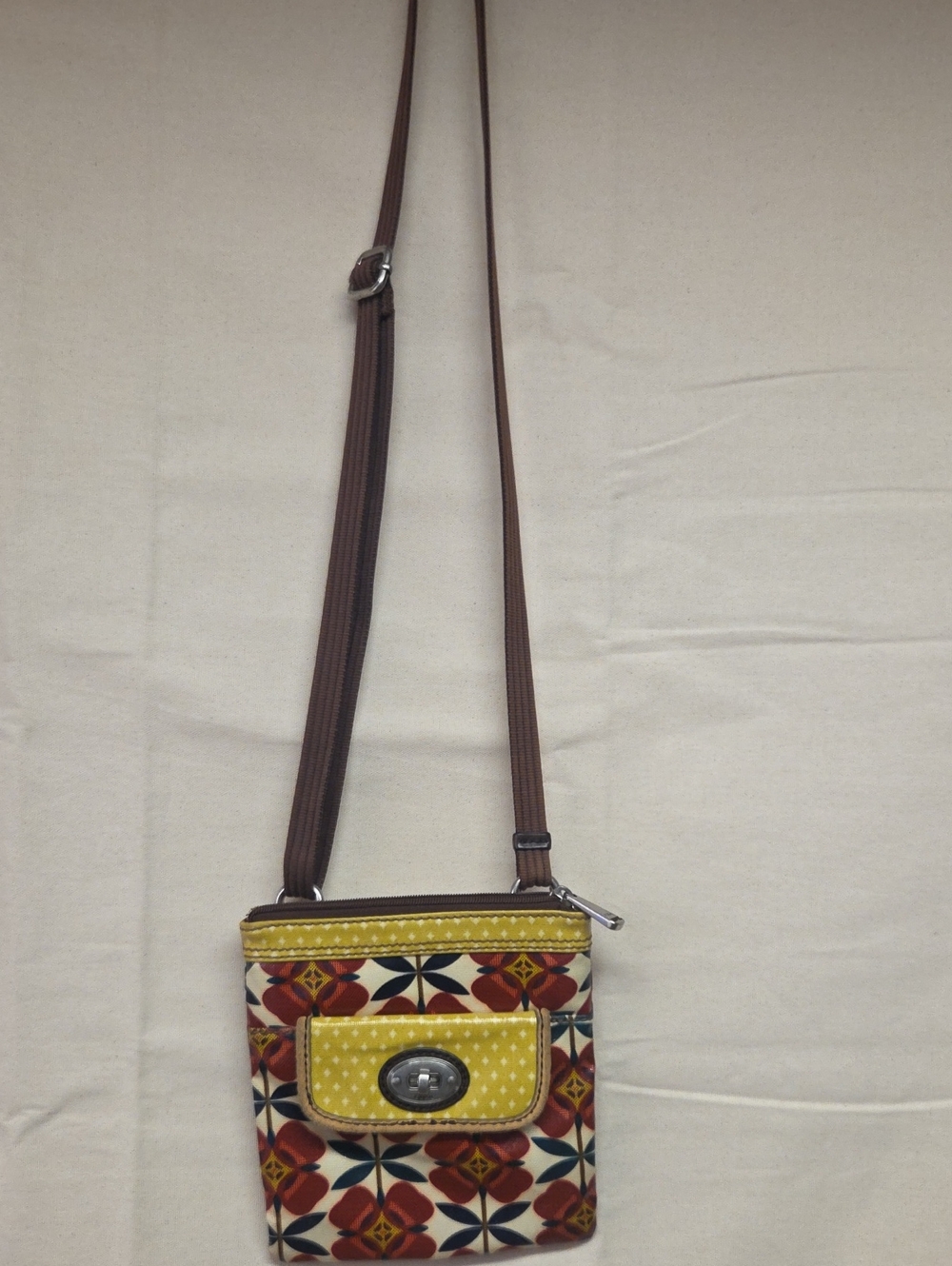 Fossil Yellow and Brown Patterned Crossbody Bag